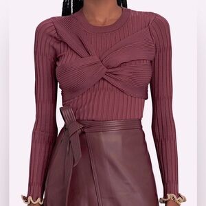NWT JONATHAN SIMKHAI Nolan Long Sleeve Ribbed Top Twist Bow Maroon Merlot Size S